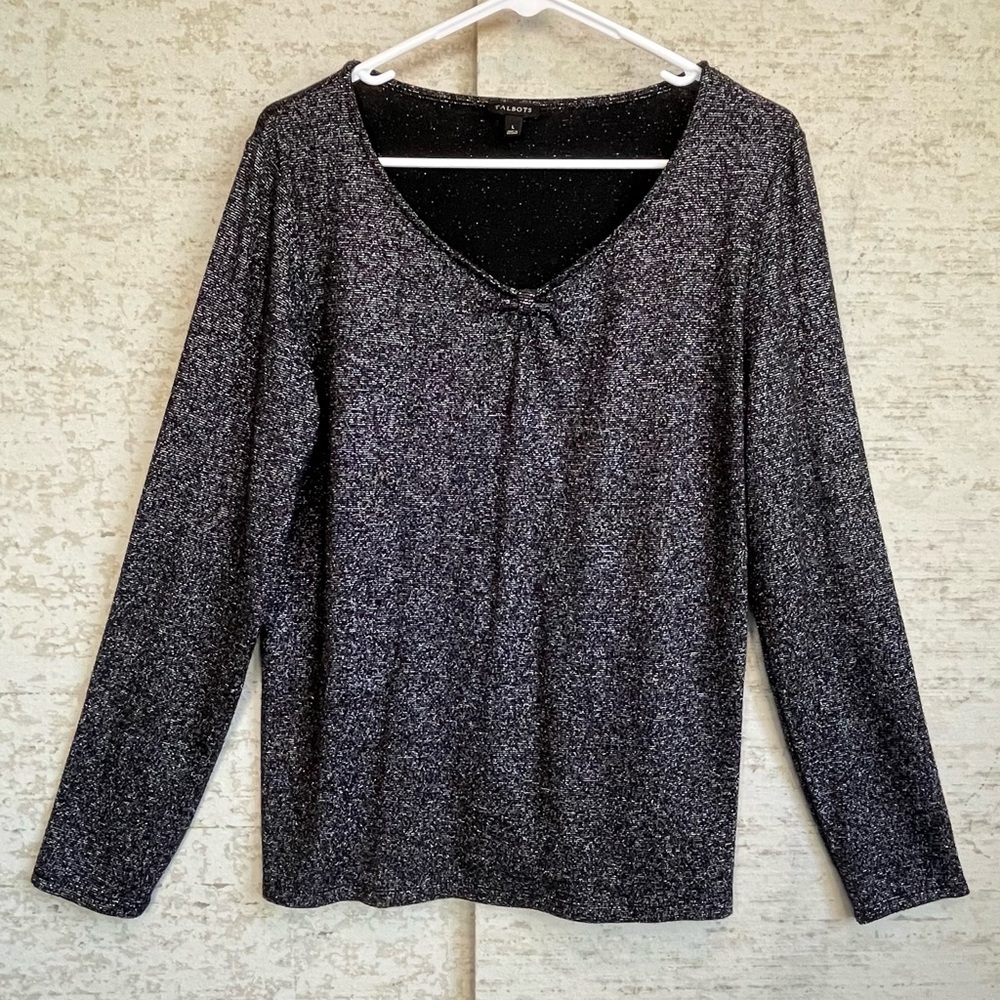 Talbots Black Silver Shiny Sparkly Long Sleeve Top Sz L Stretchy Comfortable
